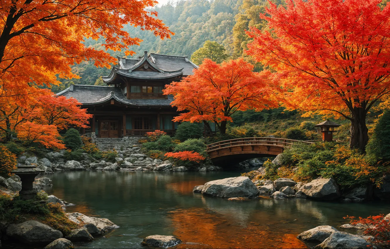 Photo wallpaper autumn, forest, trees, branches, lake, house, pond, Park