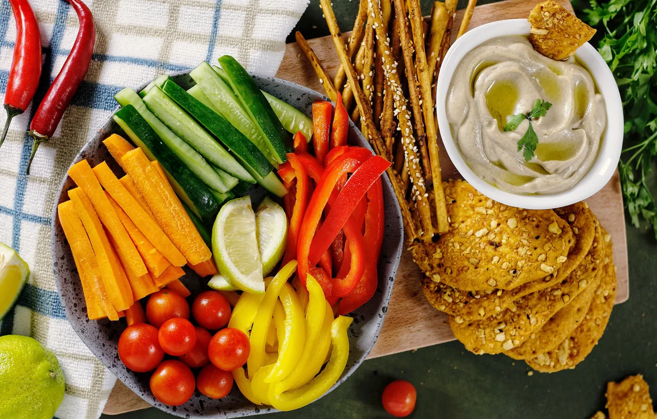 Photo wallpaper table, towel, sticks, lime, pepper, bowl, sharp, vegetables