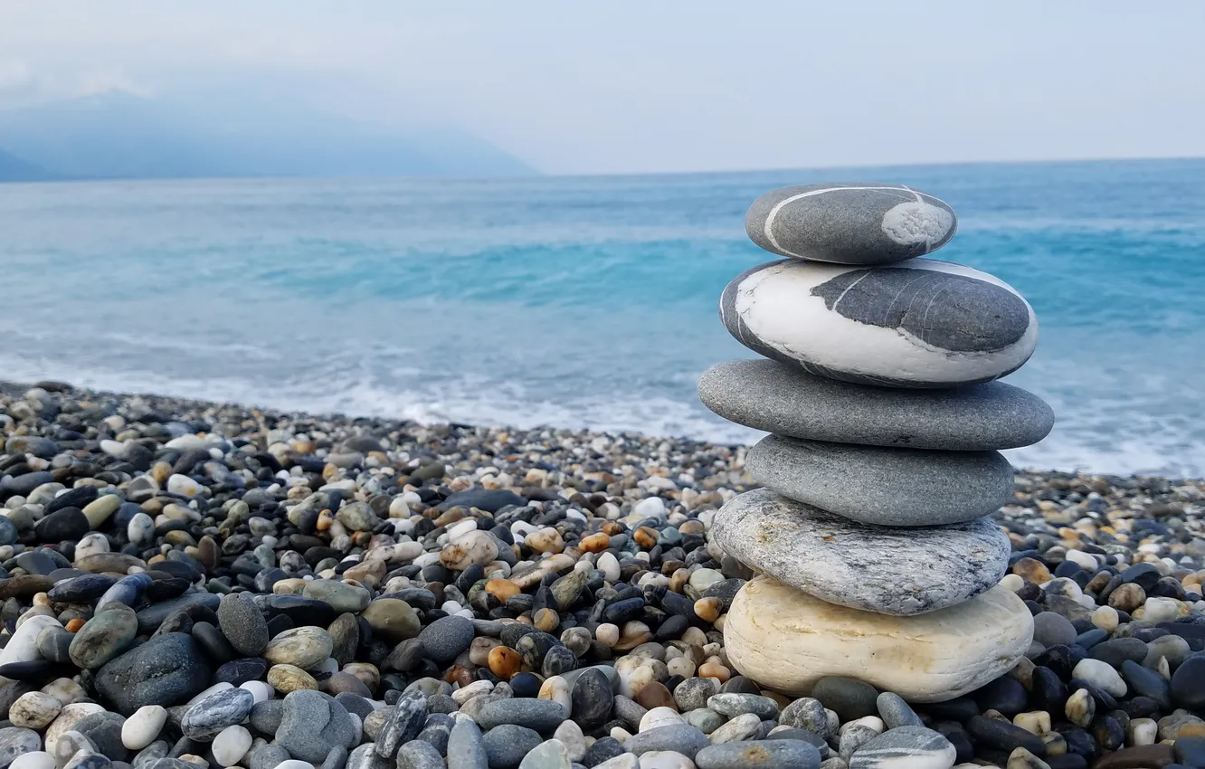 Photo wallpaper sea, wave, beach, the sky, clouds, landscape, nature, stones