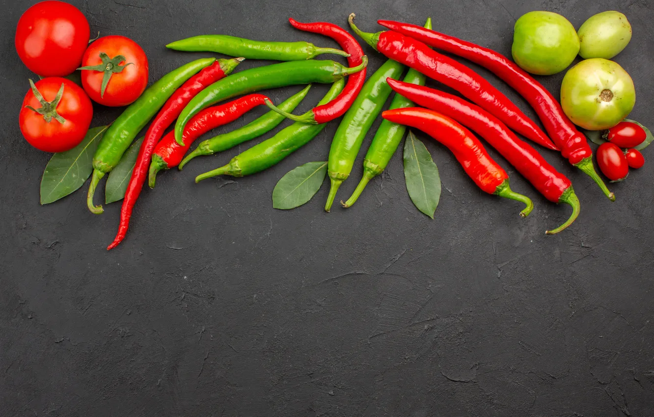 Photo wallpaper red, green, contrast, pepper, grey background, sharp, vegetables, tomatoes
