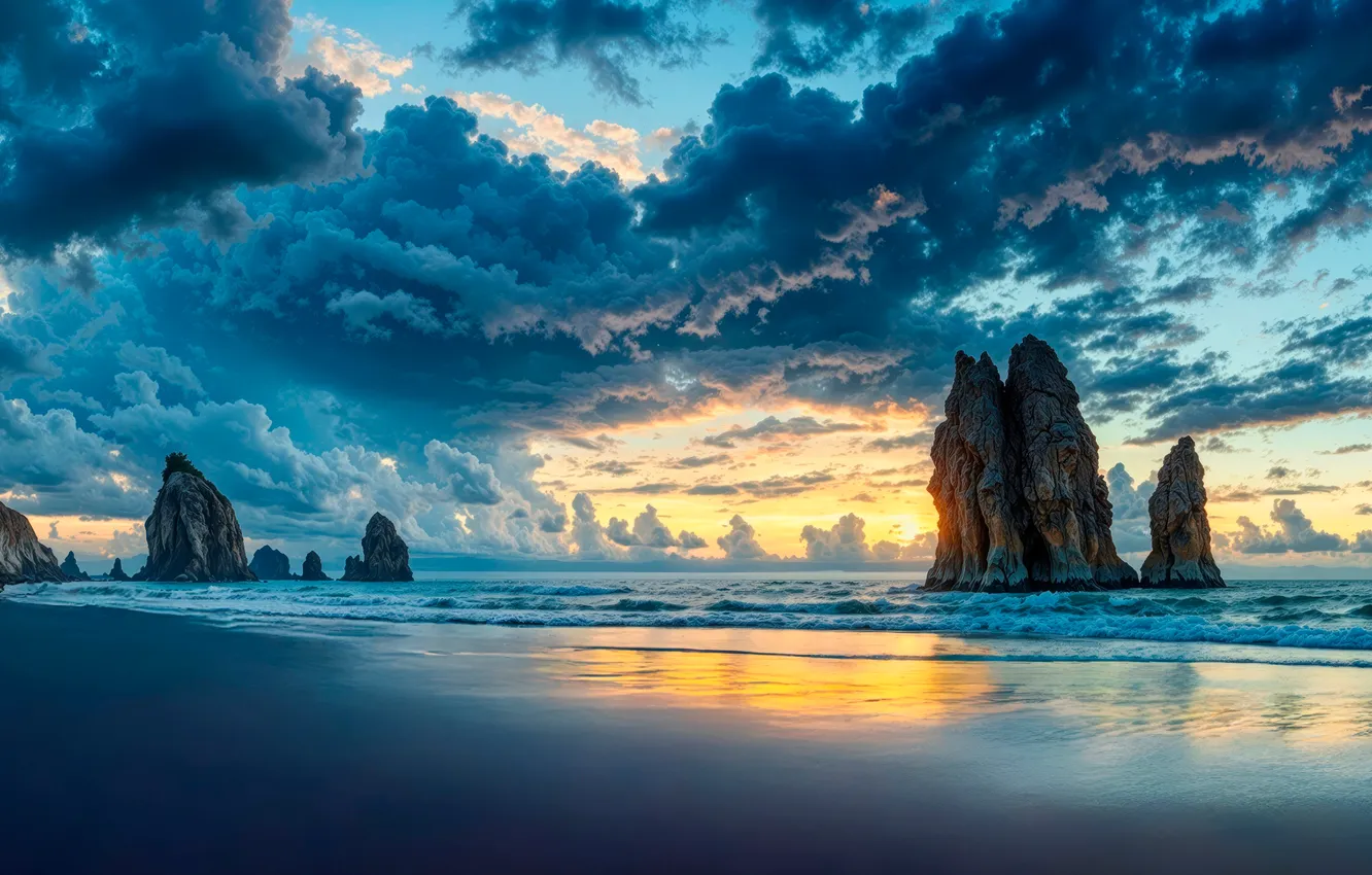 Photo wallpaper beach, sea, coast, sunset, clouds, cliffs