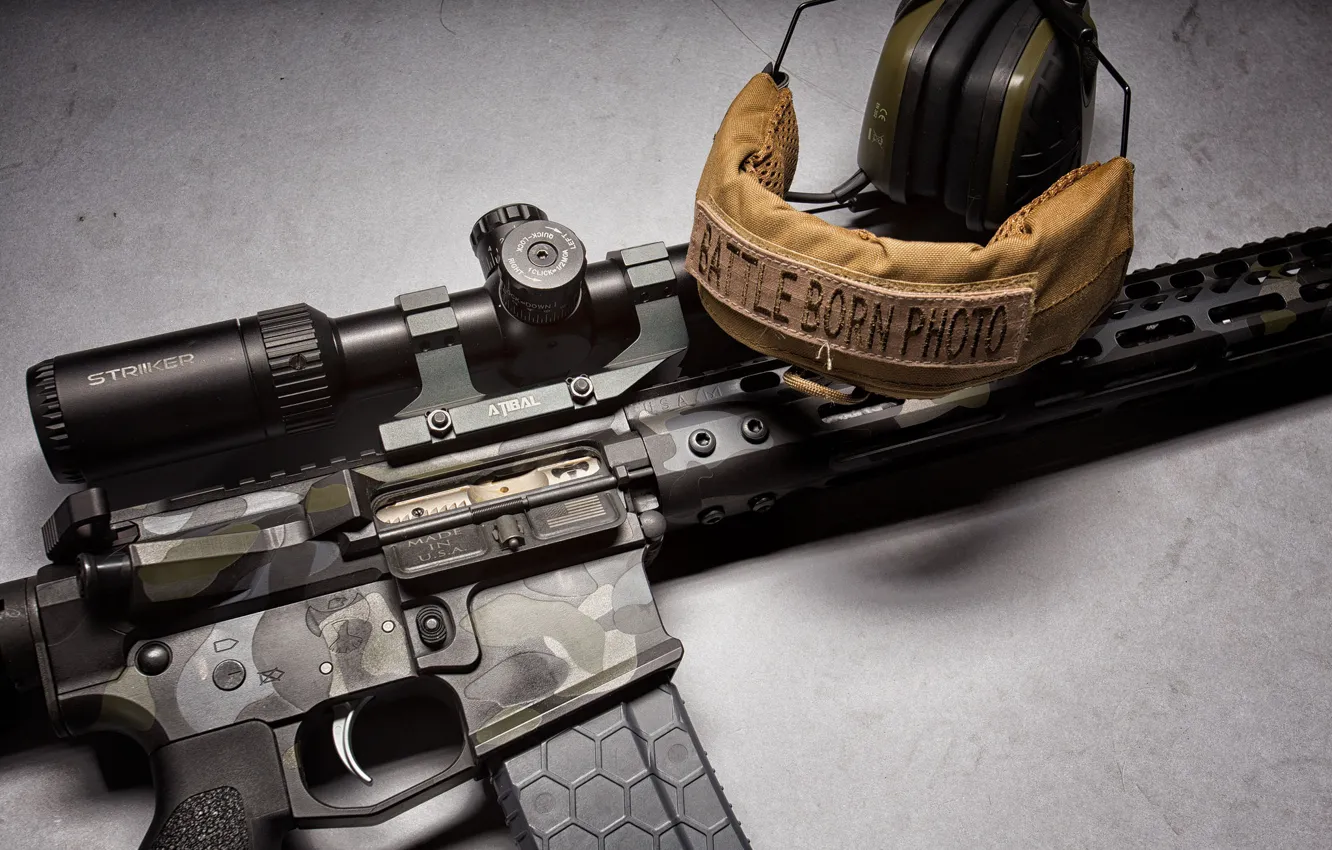 Photo wallpaper weapons, headphones, optics, assault rifle