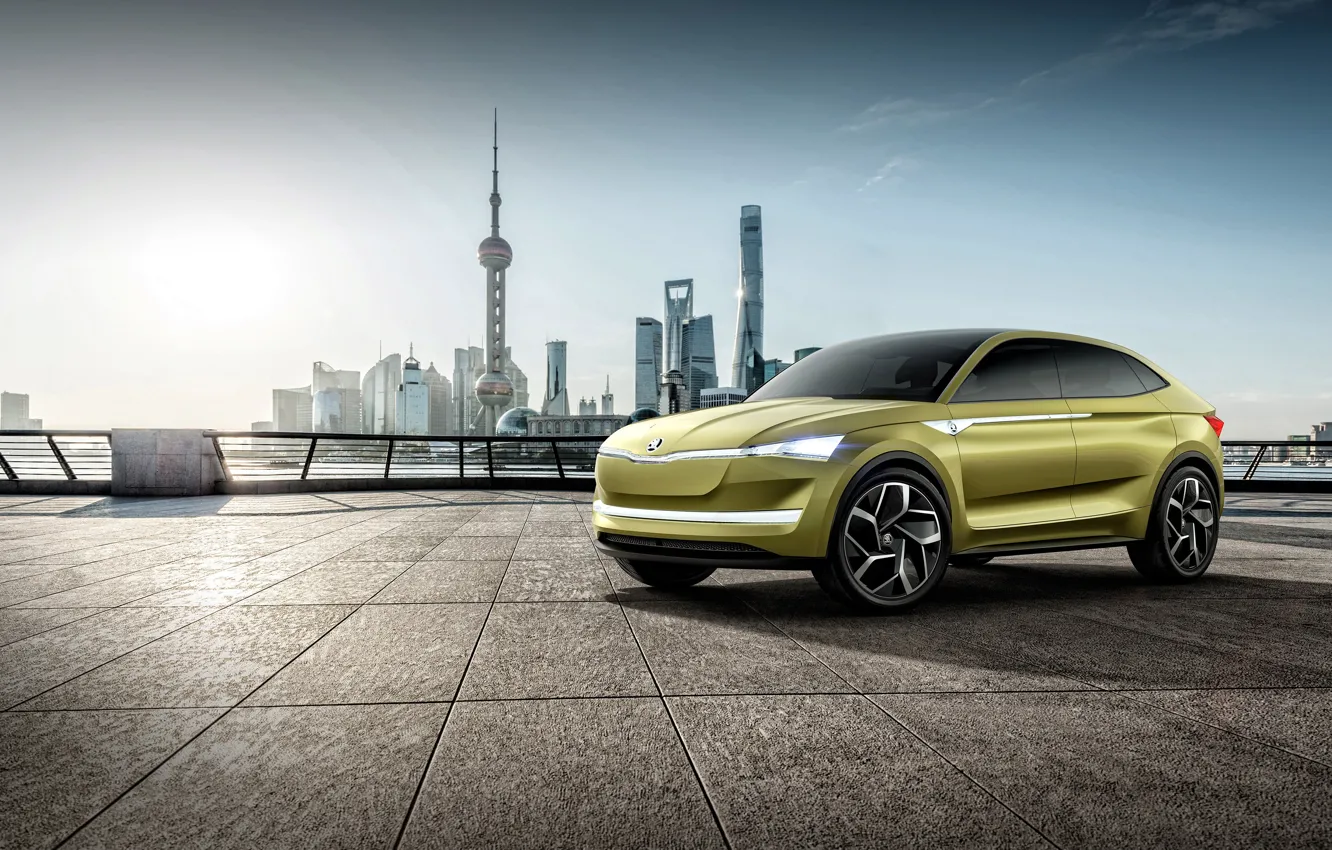 Photo wallpaper car, city, logo, yellow, Czech Republic, a subsidiary of the Volkswagen Group, Skoda Auto, Skoda …