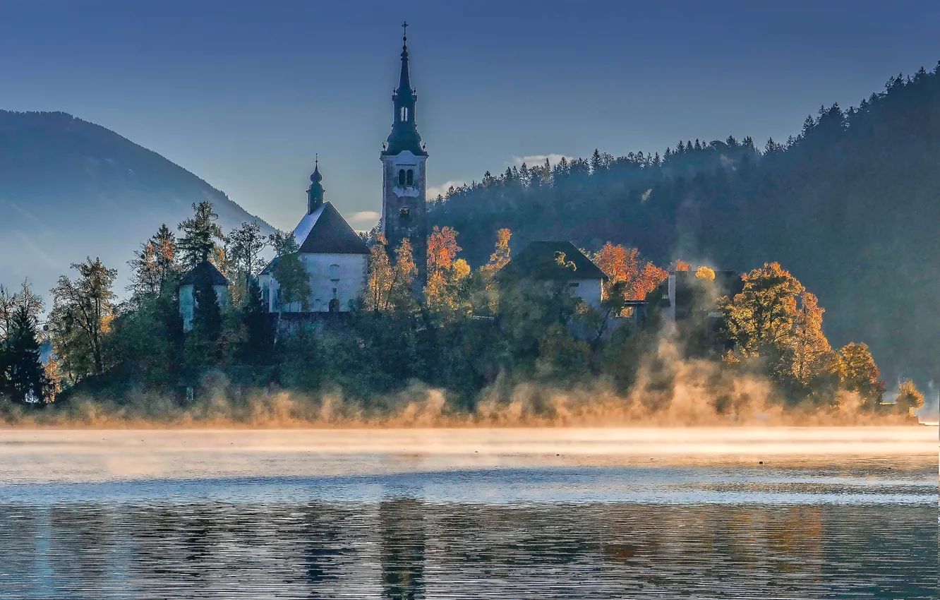 Photo wallpaper autumn, landscape, nature, fog, lake, morning, Church, forest