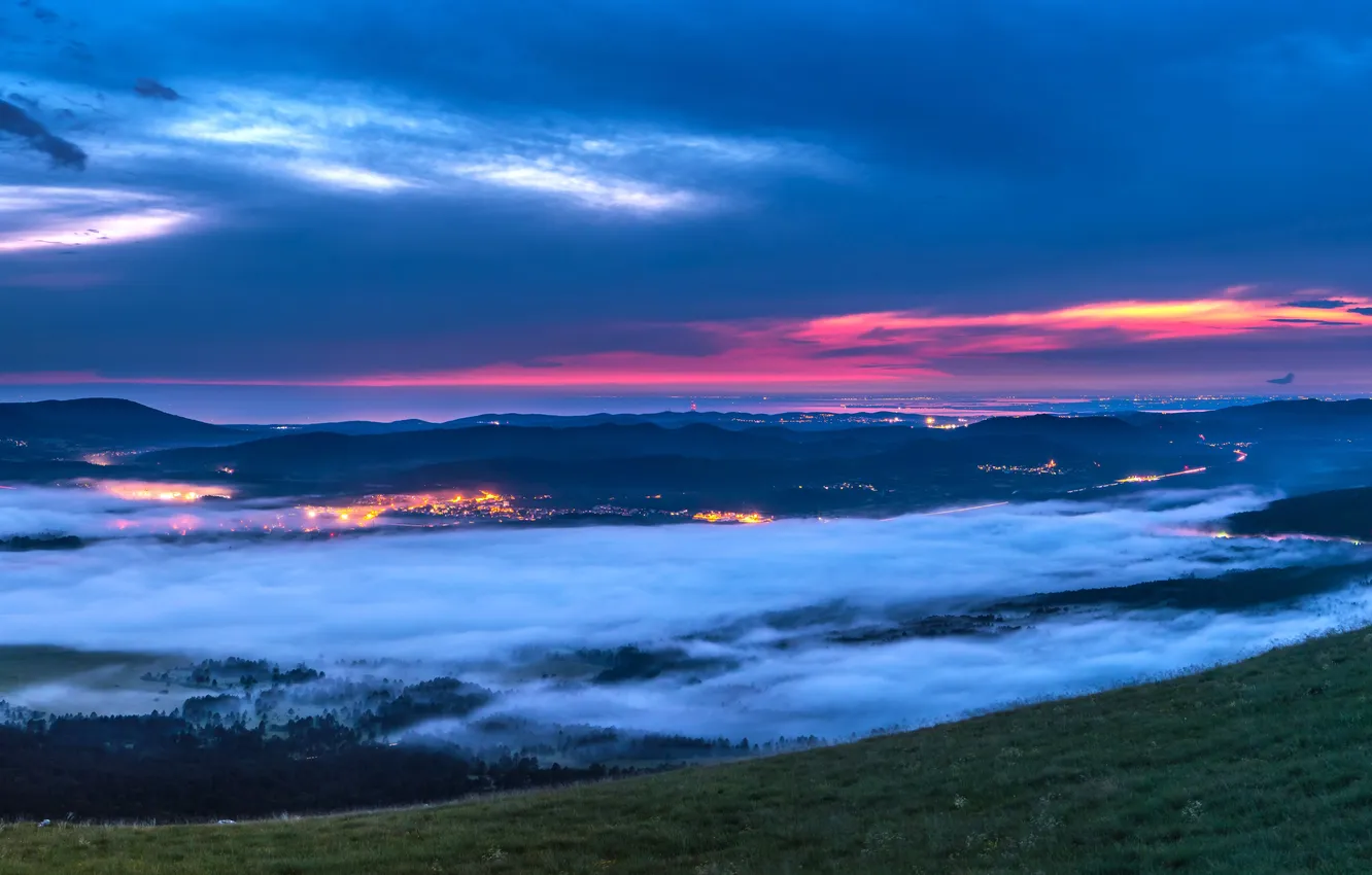 Photo wallpaper city, lights, sea, landscape, nature, sunset, clouds, Slovenia
