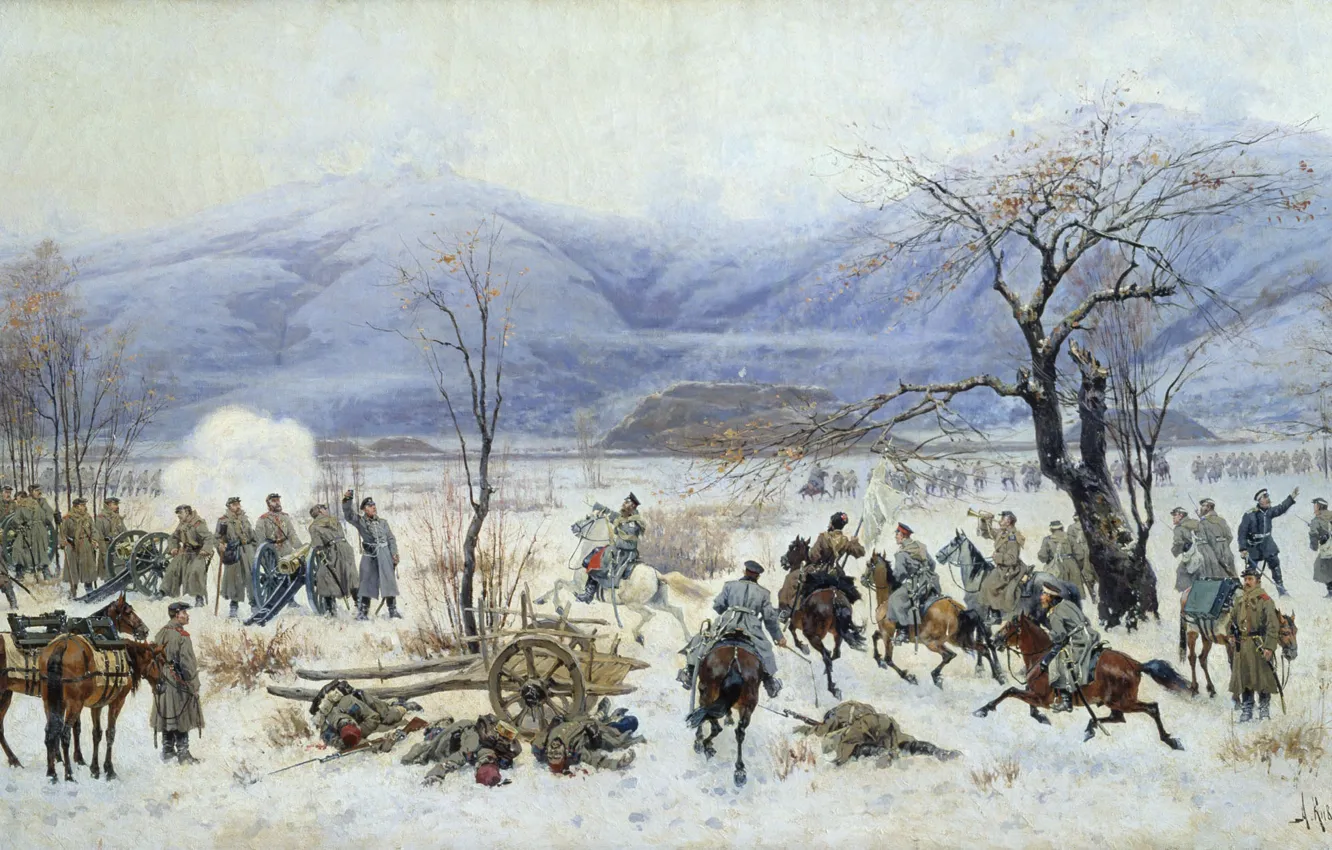 Photo wallpaper winter, mountains, Canvas, oil., The battle of Sheinovo, The Russo-Turkish war (1877-1878), The battle of …