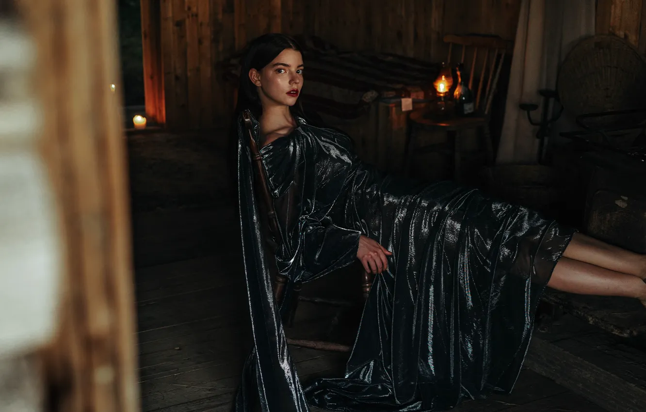 Photo wallpaper lights, model, candles, makeup, dress, brunette, hairstyle, twilight