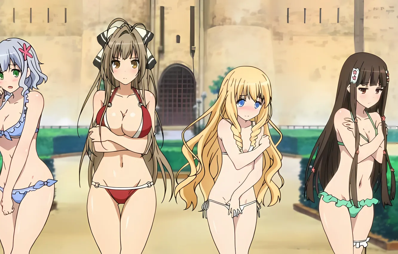 Photo wallpaper sexy, cleavage, green eyes, long hair, girls, brown hair, brown eyes, boobs