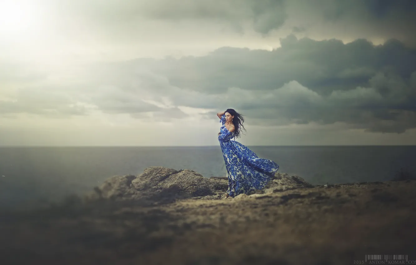 Photo wallpaper sea, landscape, pose, stones, model, portrait, makeup, dress