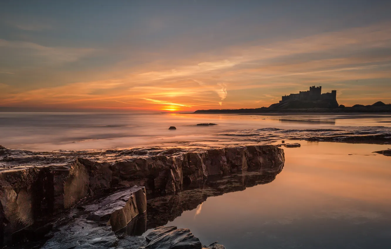 Photo wallpaper landscape, sunrise, Bamburgh Castle