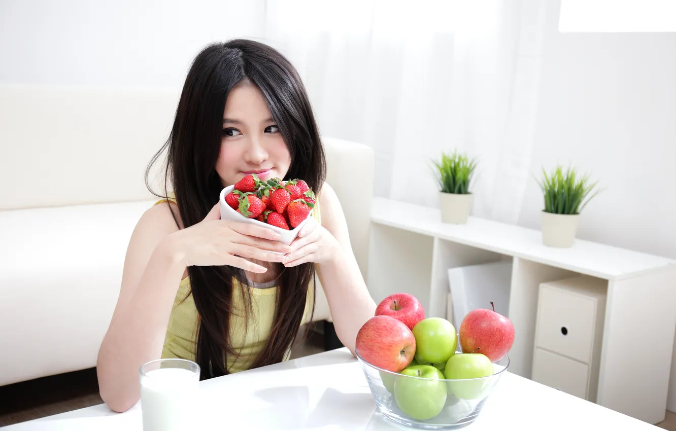 Photo wallpaper girl, apples, interior, strawberry, kitchen, fruit