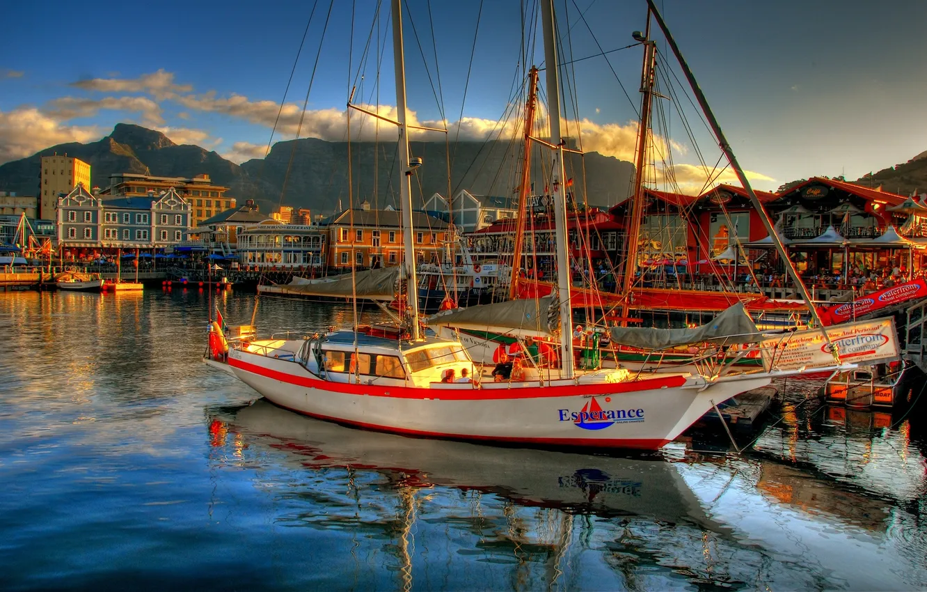 Photo wallpaper water, mountains, reflection, ships, yachts, boats, The city, pier