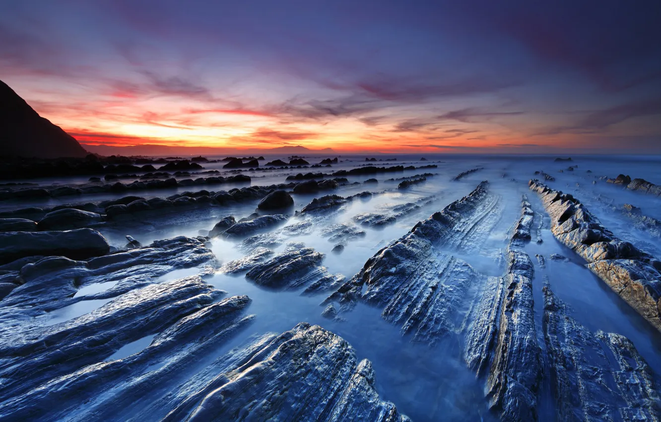 Photo wallpaper sea, the sky, water, sunset, stones, rocks