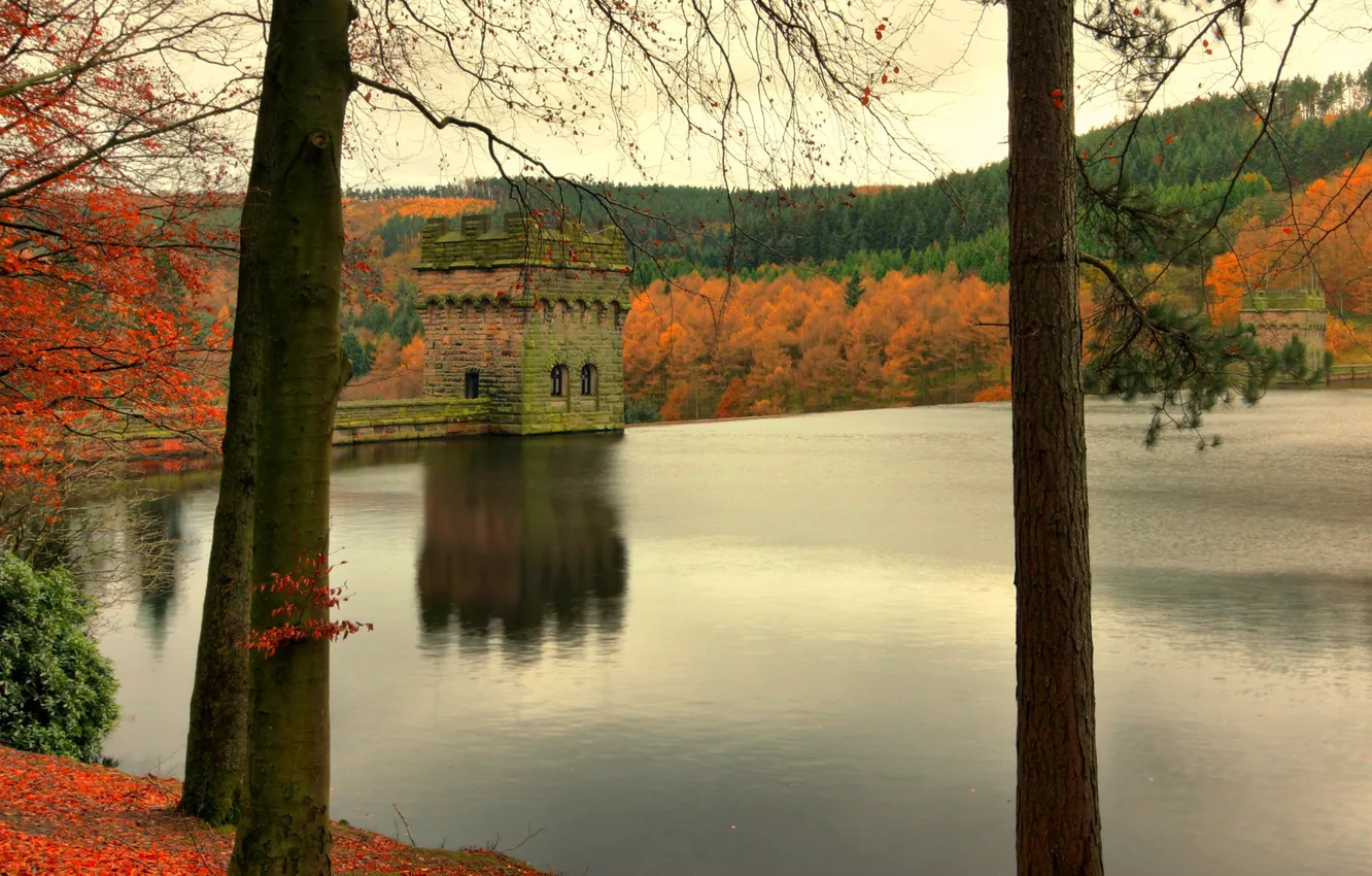 Photo wallpaper autumn, the sky, trees, lake, tower