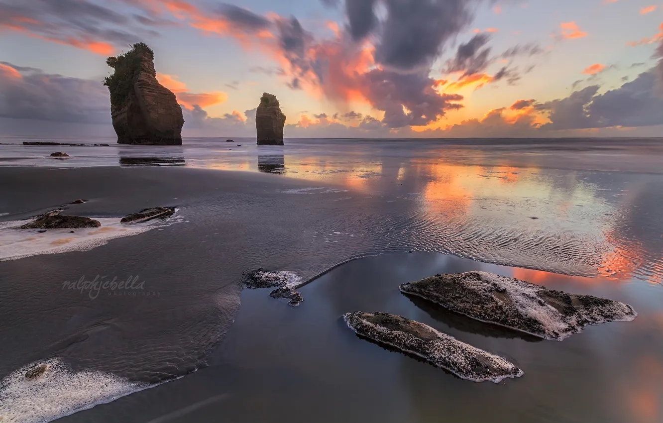 Photo wallpaper beach, landscape, the ocean, rocks, dawn