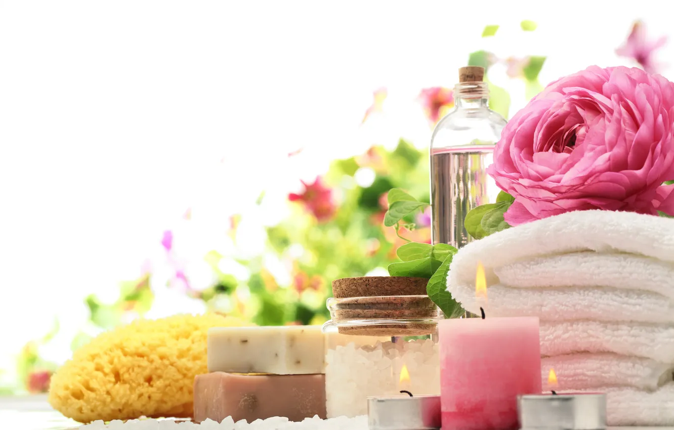 Photo wallpaper relax, bath, Spa, candle, spa, salt, towel