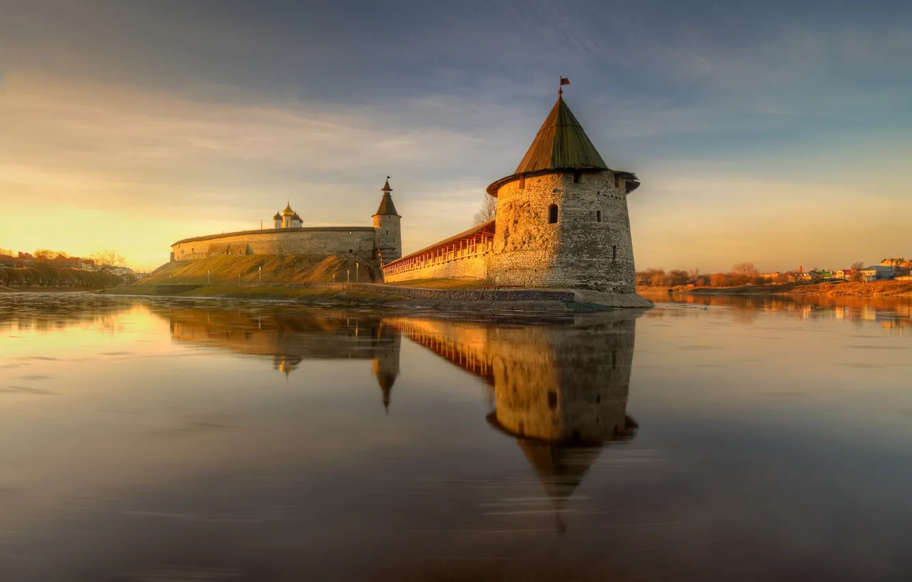 Photo wallpaper river, wall, tower, fortress, Russia, shore, the city