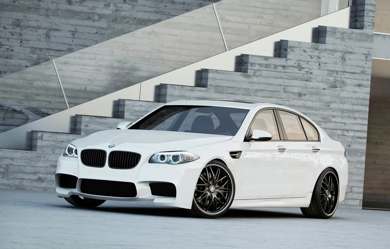 Photo wallpaper white, bmw, BMW, ladder, white, wheels, black, side view