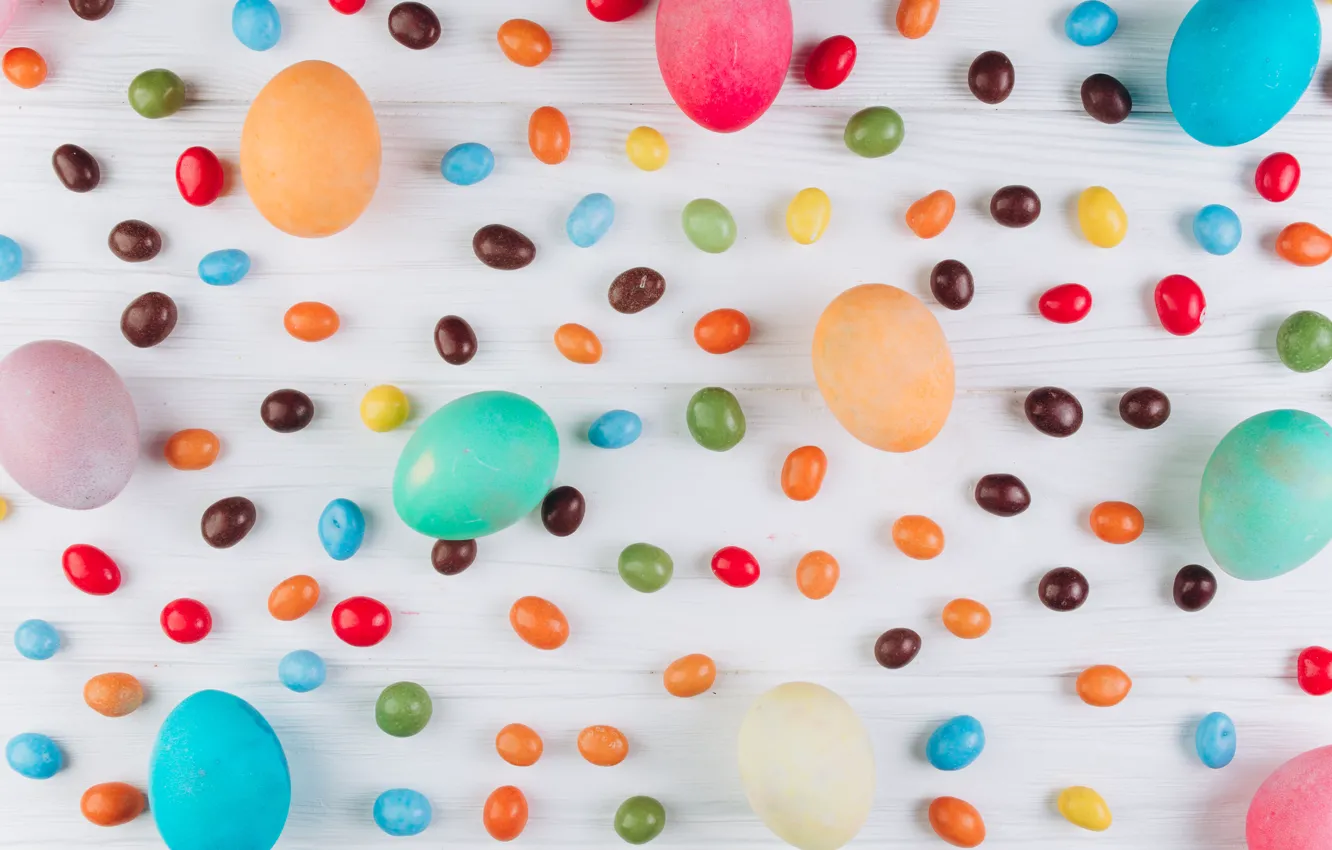 Photo wallpaper eggs, colorful, candy, Easter, wood, spring, Easter, eggs