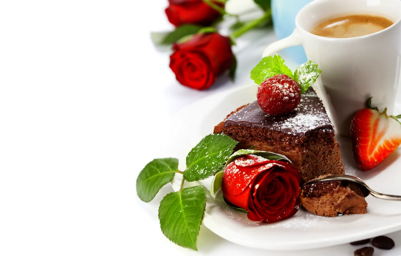 Photo wallpaper flowers, raspberry, coffee, roses, strawberry, Cup, cake, rose
