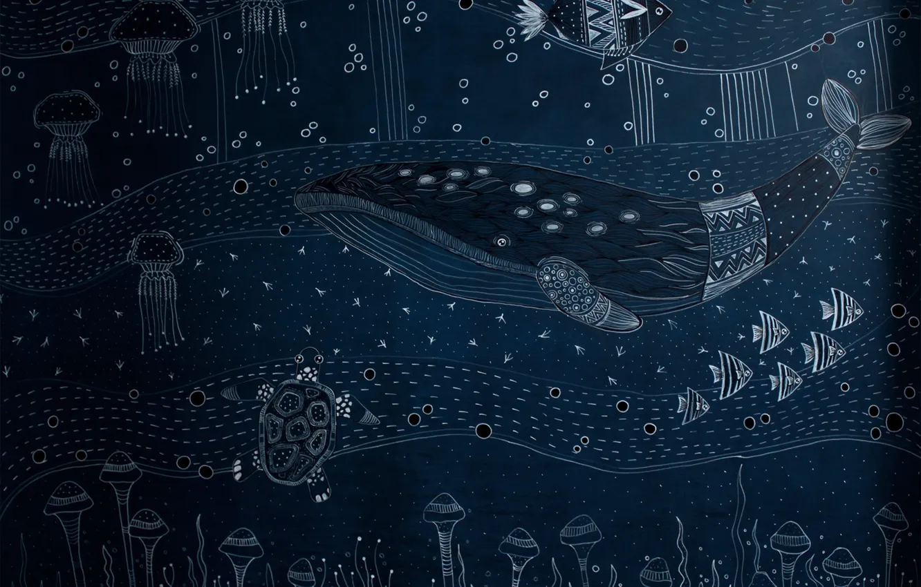 Photo wallpaper turtle, fish, kit, deep blue, WALL MURAL