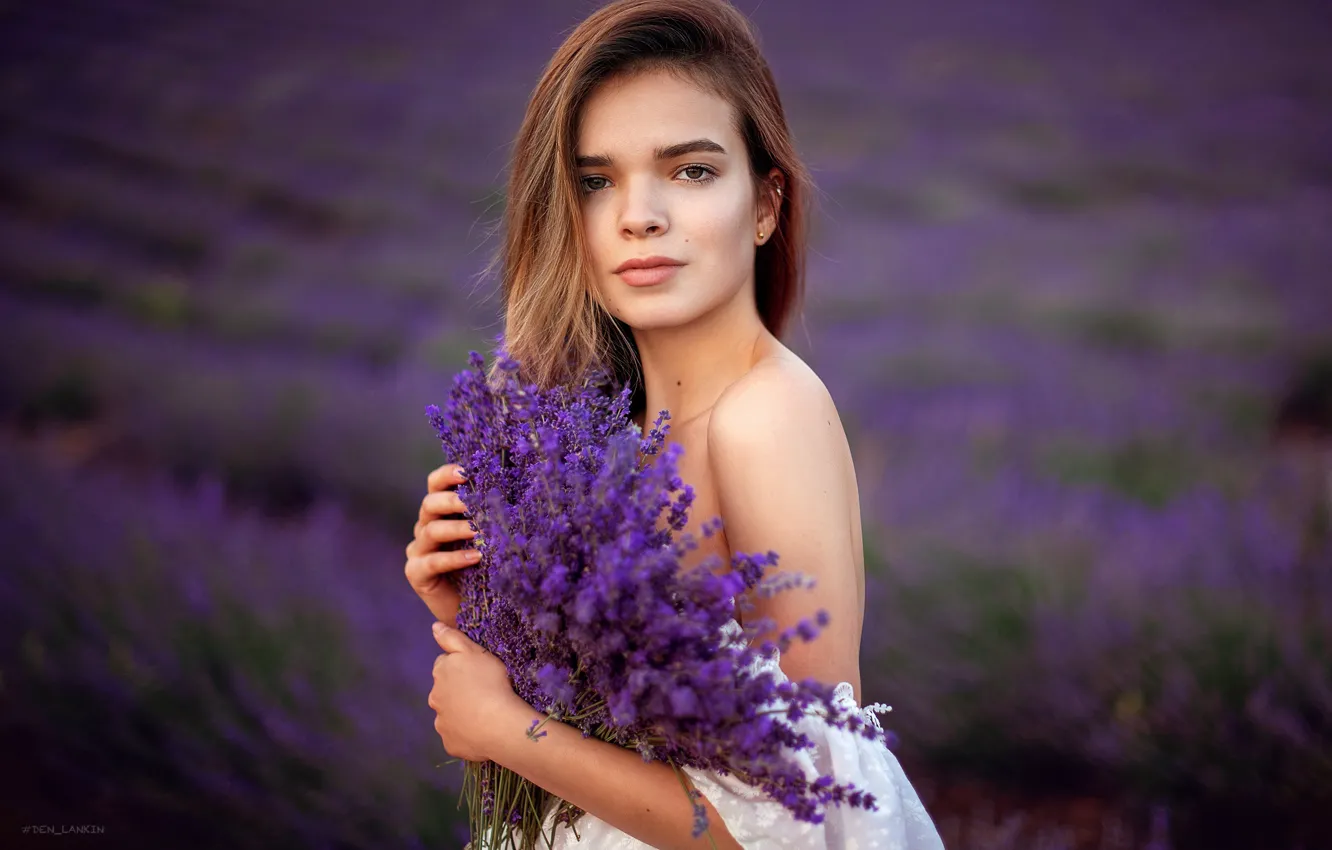 Photo wallpaper look, girl, flowers, face, pose, shoulder, lavender, bokeh