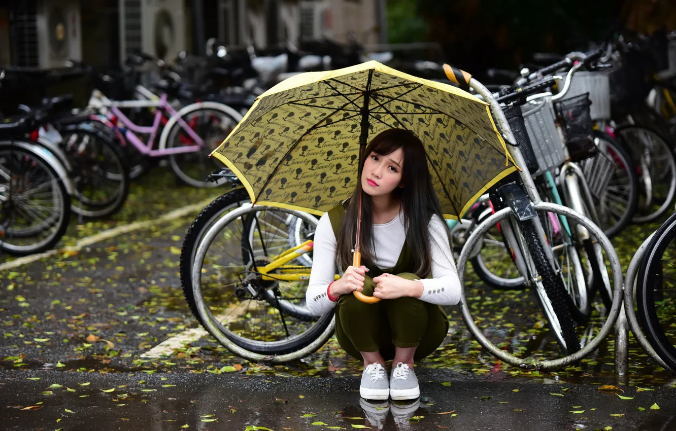 Photo wallpaper girl, umbrella, street, cutie