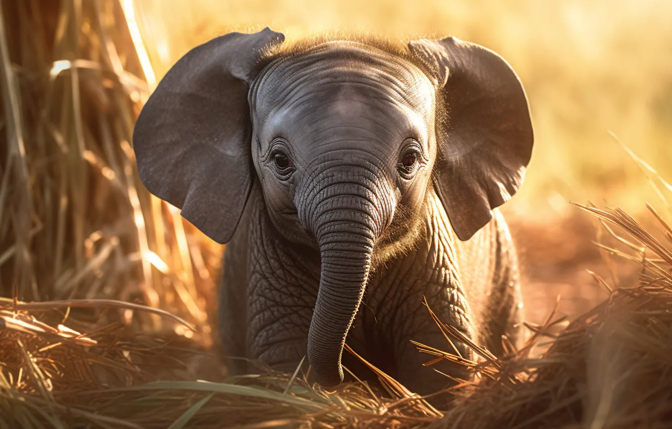 Photo wallpaper blur, digital art, elephant, 3D Graphics, reeds, Baby Animal