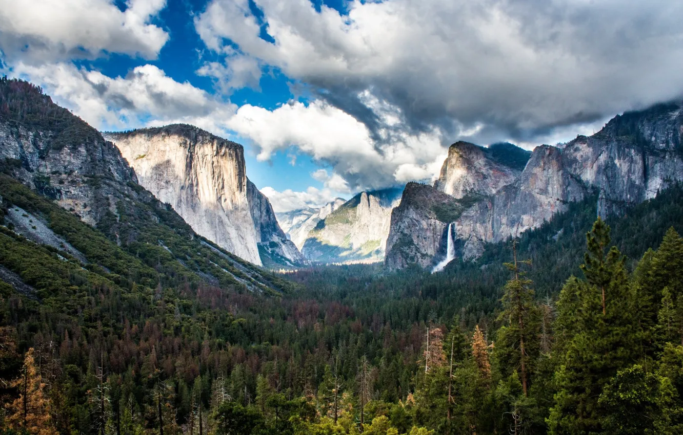 Photo wallpaper forest, clouds, mountains, waterfall