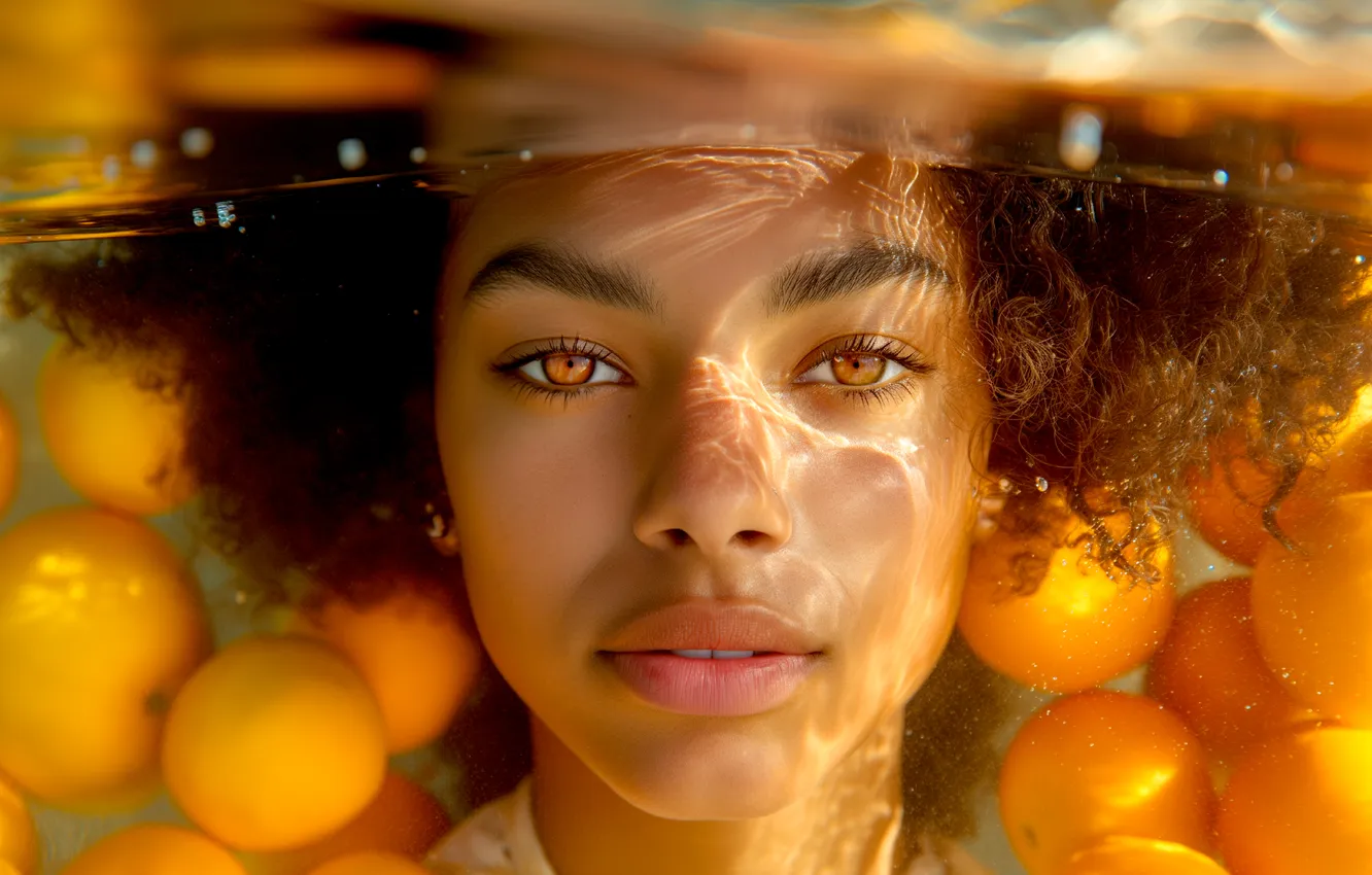 Photo wallpaper look, water, girl, light, face, pose, glare, orange
