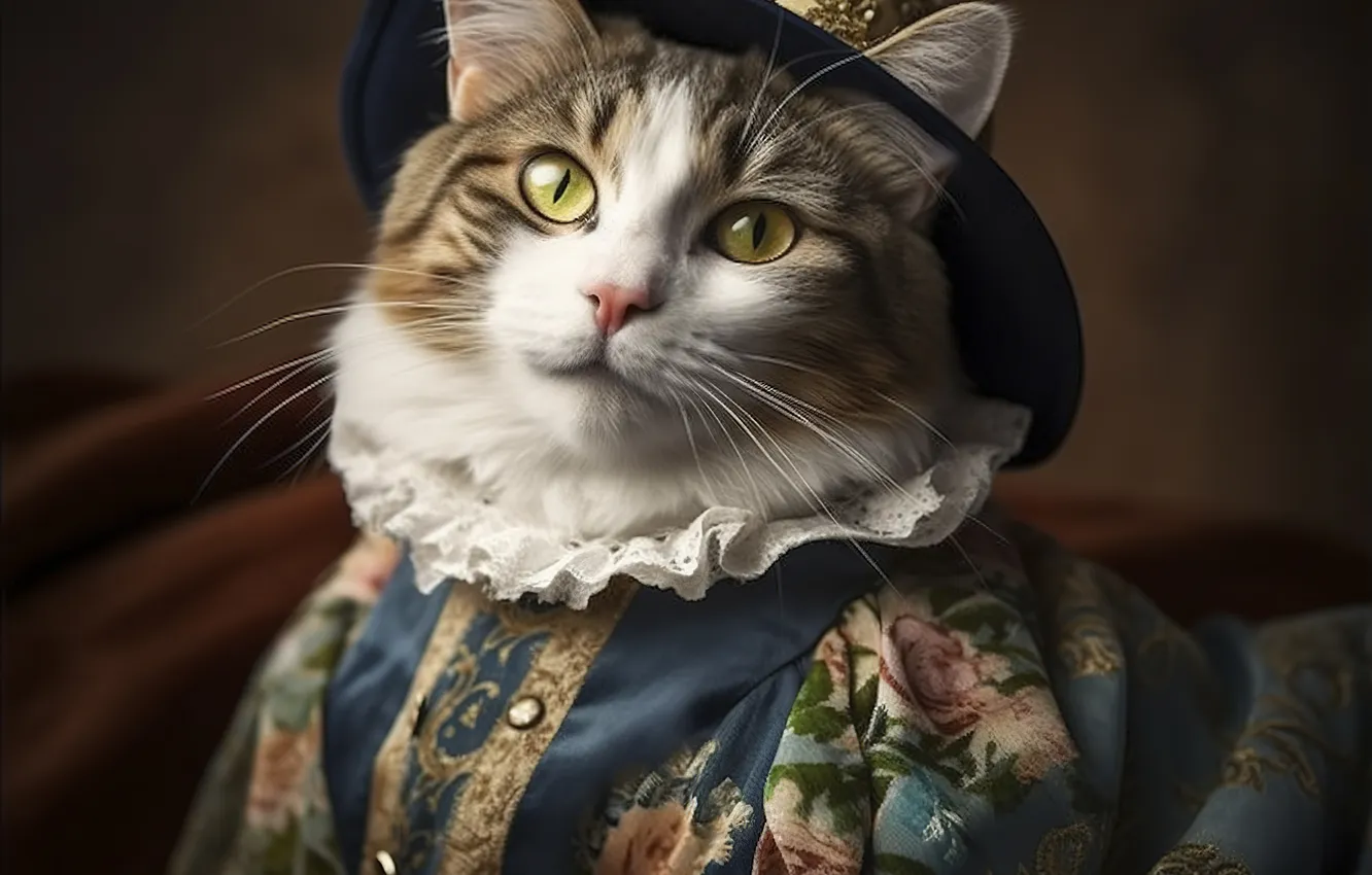 Photo wallpaper cat, cat, look, pose, portrait, picture, hat, collar
