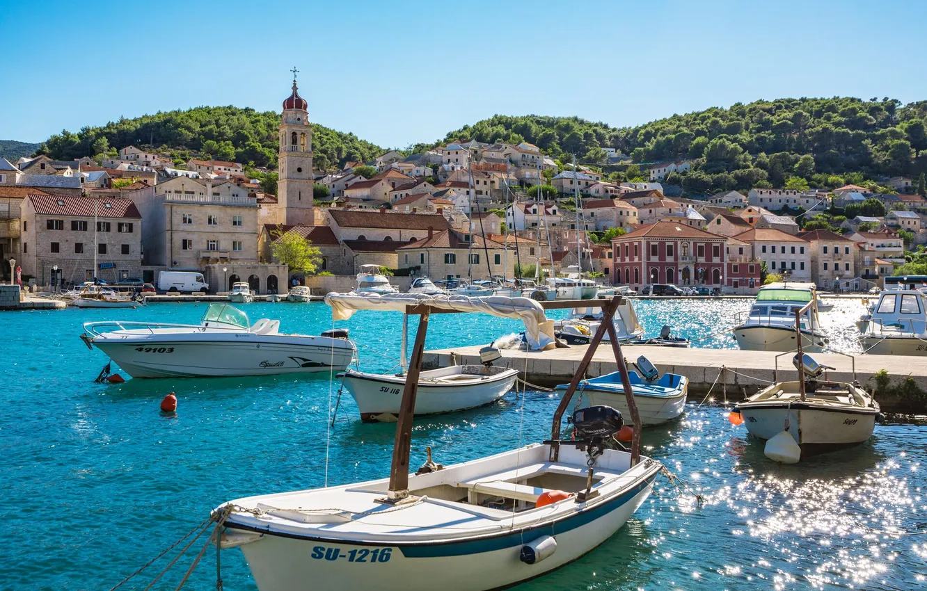 Photo wallpaper sea, the city, boat, Marina, home, promenade, Croatia, Adriatica