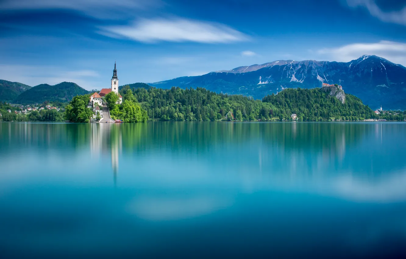 Photo wallpaper mountains, lake, island, water surface, Slovenia, Lake Bled, Slovenia, Lake bled