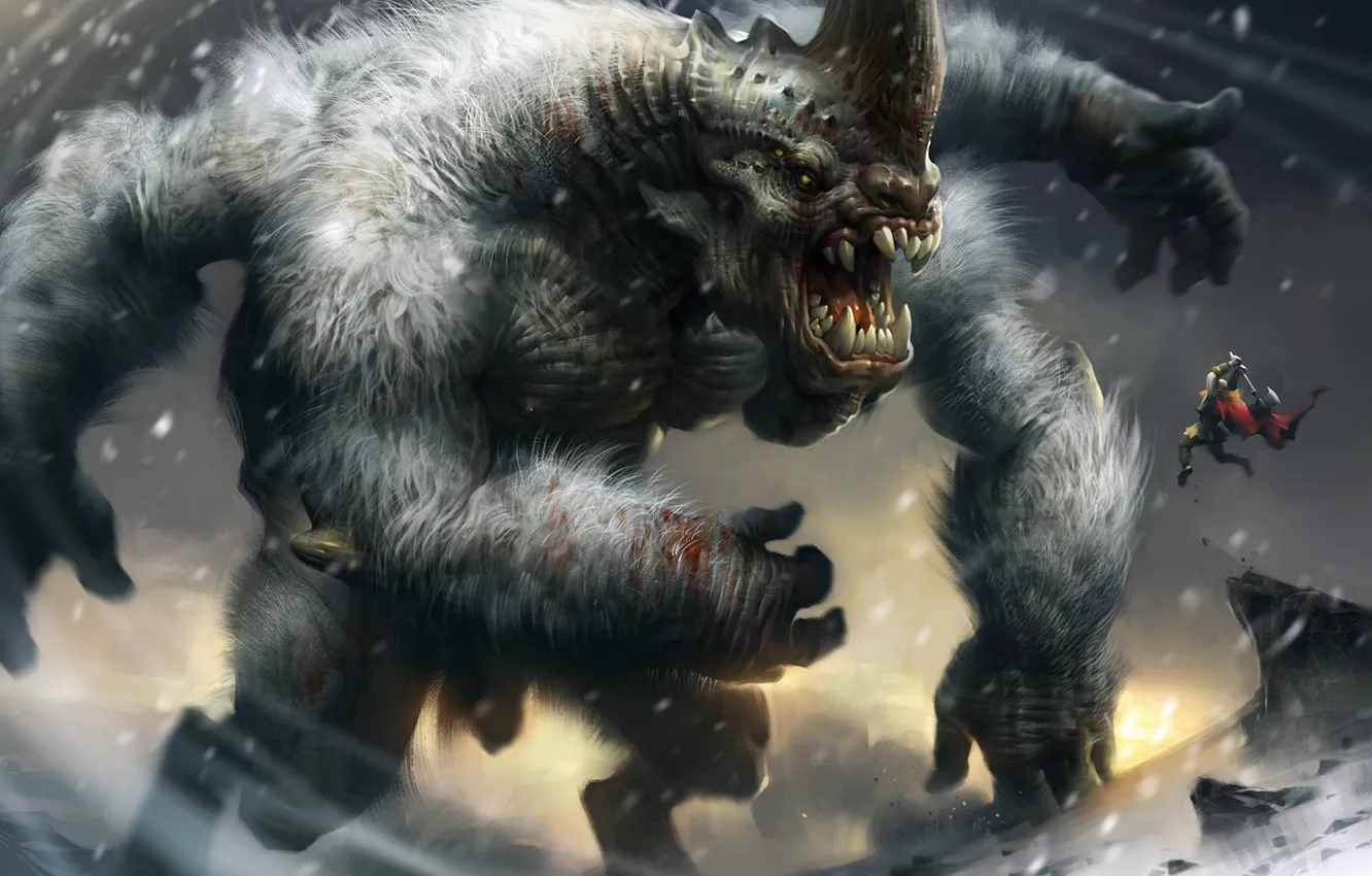 Photo wallpaper winter, snow, monster, storm, teeth, hands, grin, horns