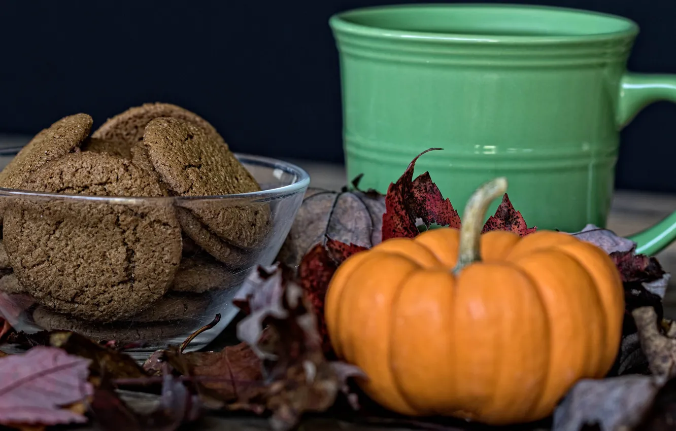 Photo wallpaper cookies, Cup, pumpkin, still life
