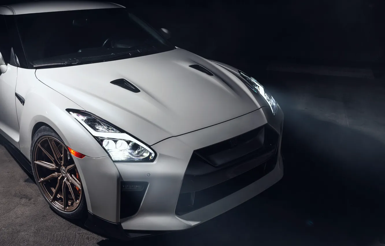 Photo wallpaper GTR, Japan, Nissan, Lights, White, Smoke, R35, Sight