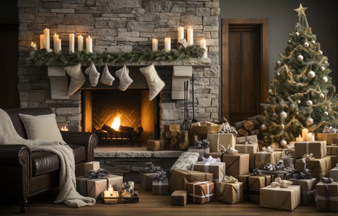 Photo wallpaper lights, comfort, heat, room, flame, furniture, new year, home