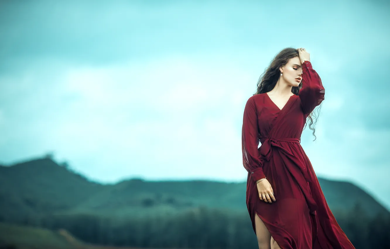 Photo wallpaper field, the sky, girl, clouds, mountains, nature, face, pose