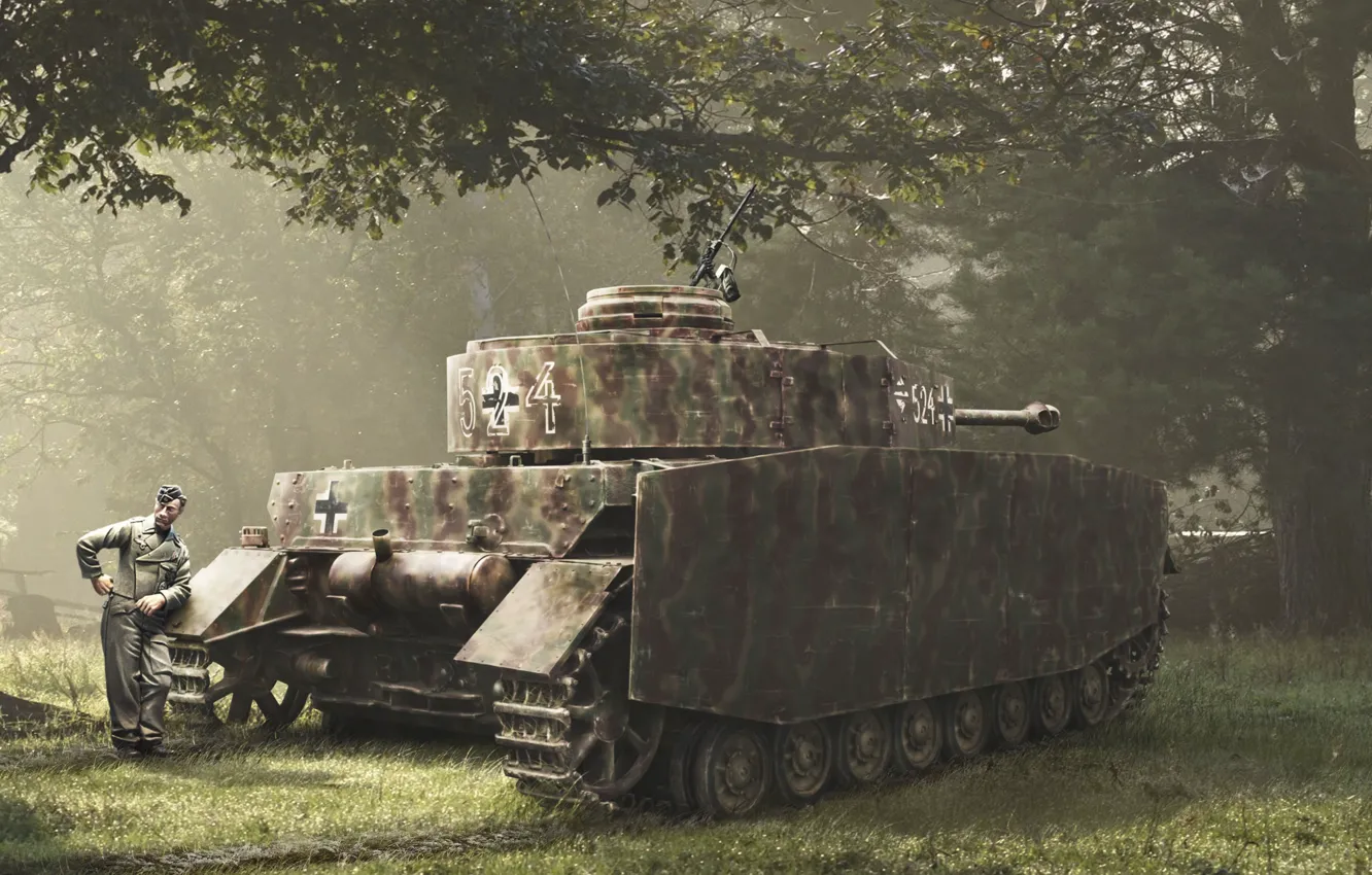 Photo wallpaper forest, Germany, soldiers, tank, the Germans, Pz-IV, Hand-drawn photo, The Wehrmacht