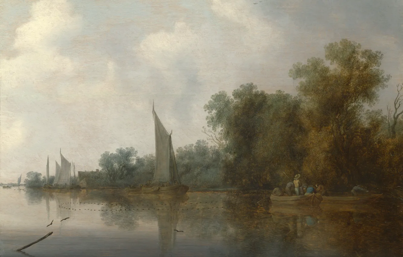 Photo wallpaper landscape, picture, Salomon van Ruysdael, Salomon van Ruisdael, Fishermen on the River Cleaning Network