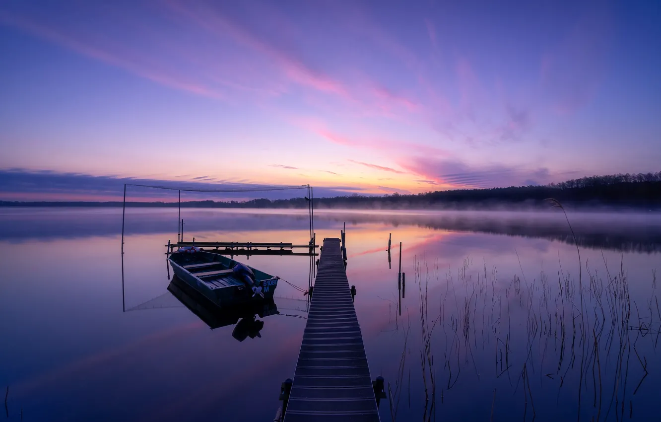Photo wallpaper fog, lake, dawn, boat, morning, Germany, bridges, Germany