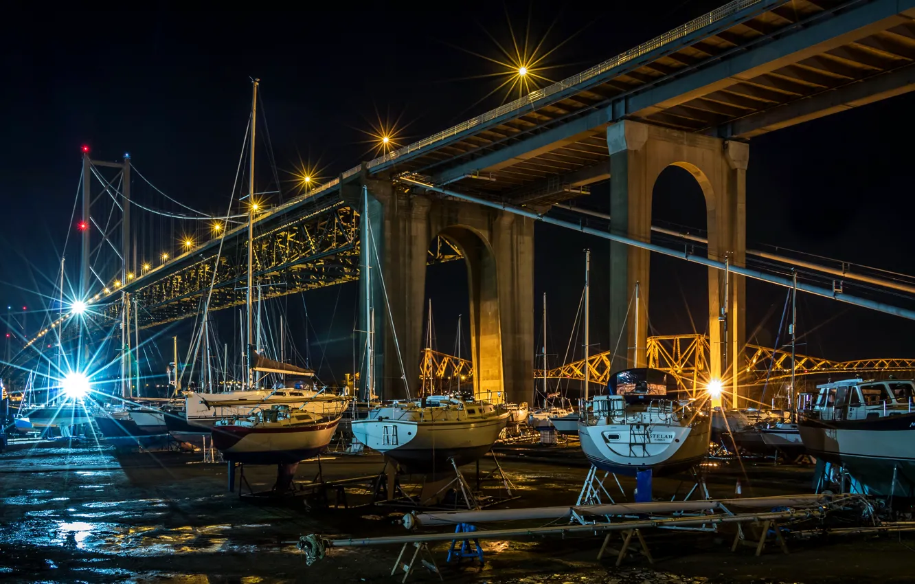 Photo wallpaper night, bridge, boat, pier, Scotland, bridges, Scotland, Edinburgh