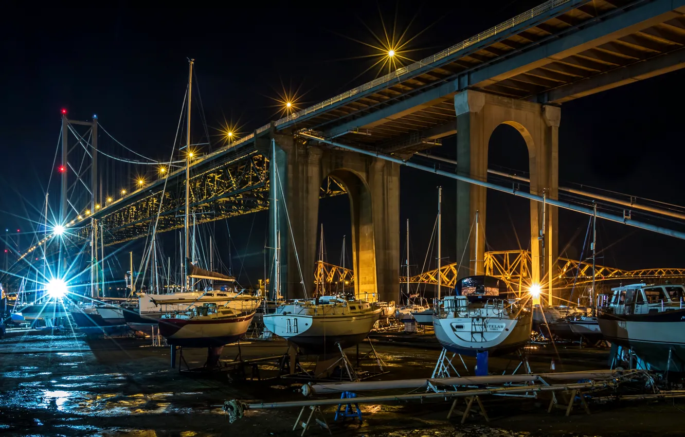 Photo wallpaper night, bridge, boats, pier, Scotland, Scotland, Edinburgh, Bridges