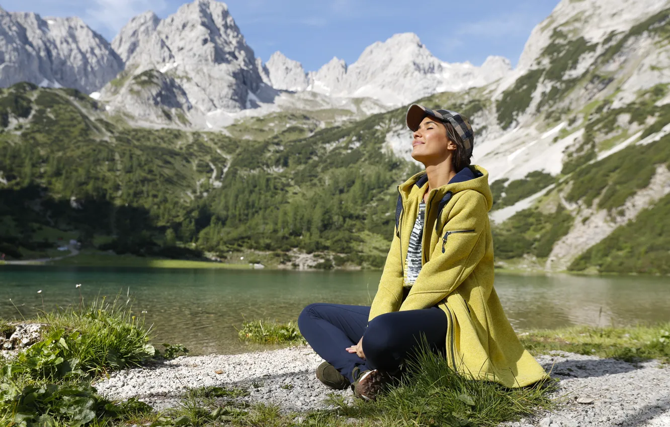 Photo wallpaper girl, mountains, smile, Austria, river, Austria, Tyrol, Tyrol