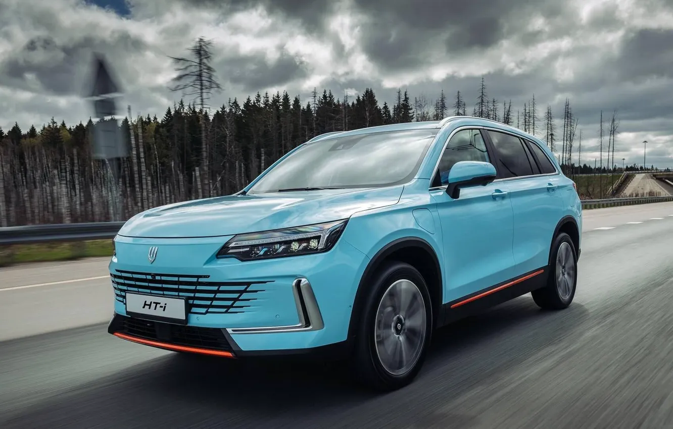 Photo wallpaper clouds, speed, highway, turquoise, hybrid, crossover, Geremia, 2023