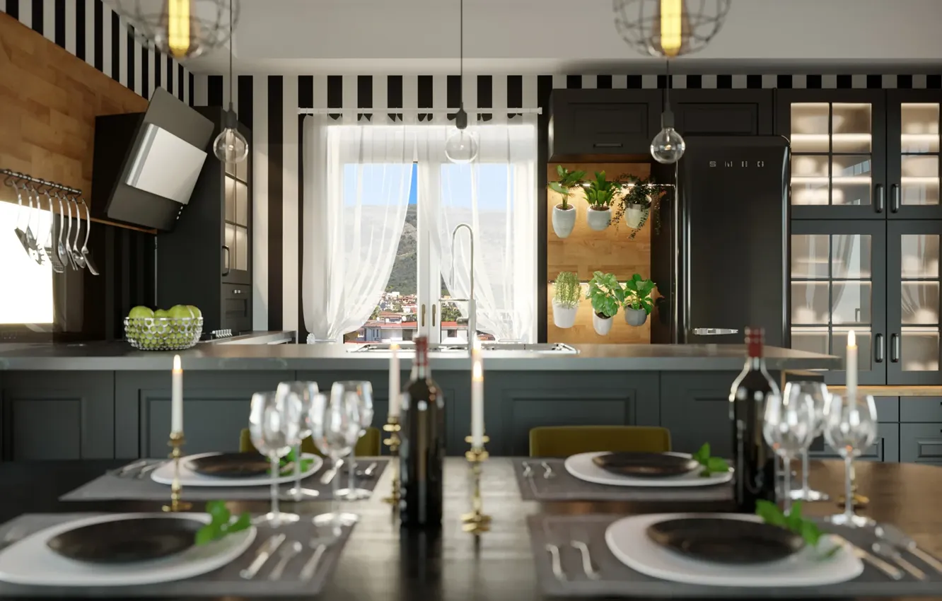 Photo wallpaper style, Villa, interior, Italy, kitchen, dining room, dining area, Italian design