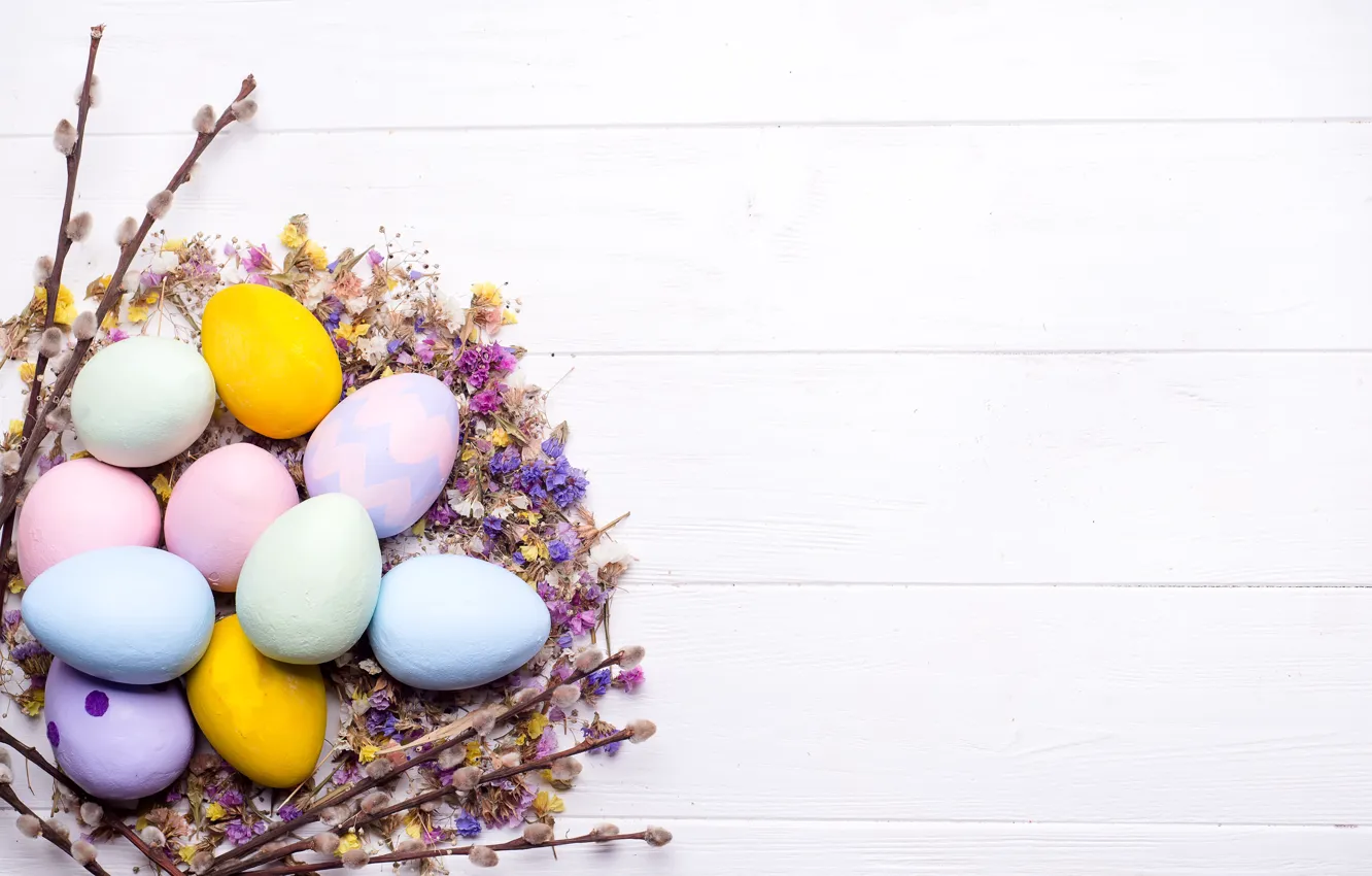 Photo wallpaper flowers, eggs, Easter, happy, wood, flowers, eggs, easter