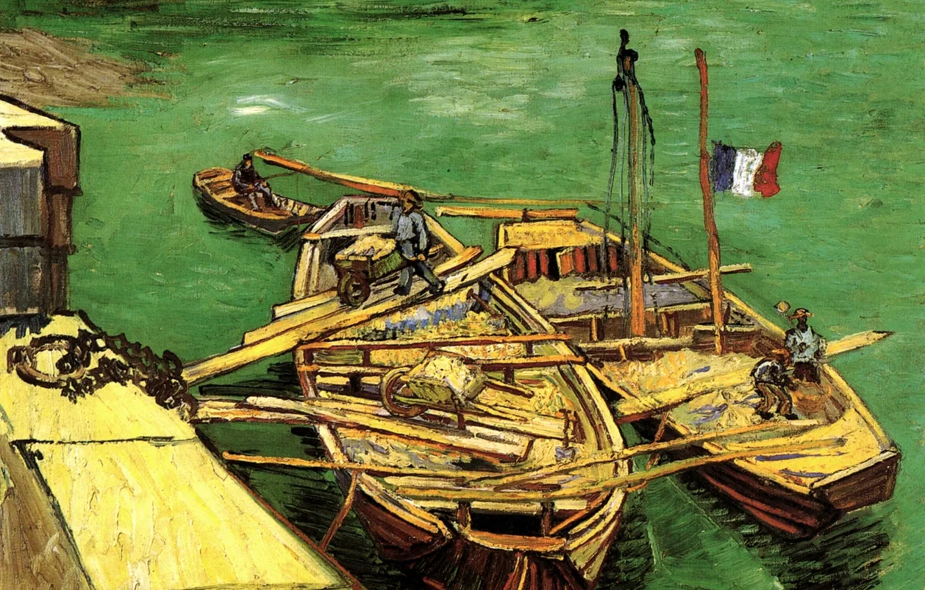Photo wallpaper boats, Vincent van Gogh, flag of France, Unloading Sand Barges, Quay with Men
