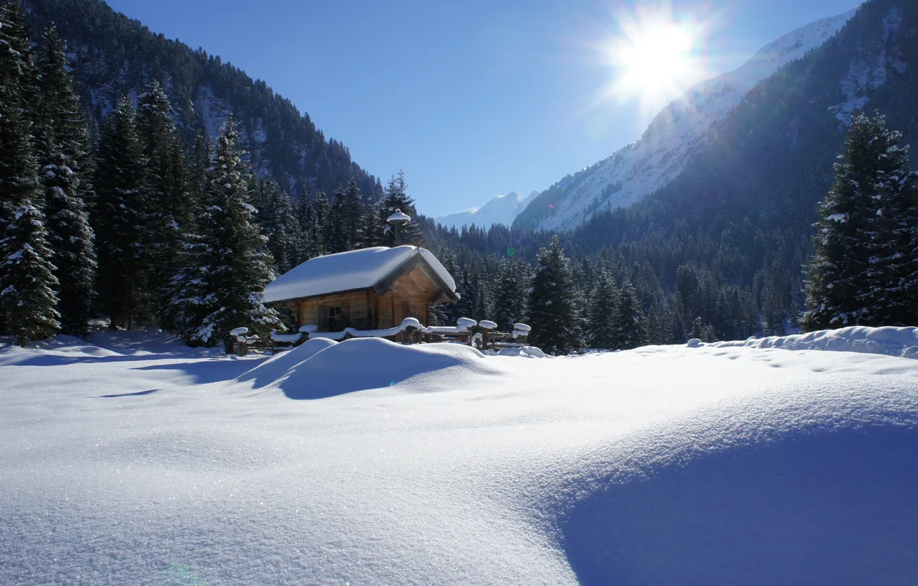 Photo wallpaper winter, the sun, rays, snow, trees, landscape, mountains, nature