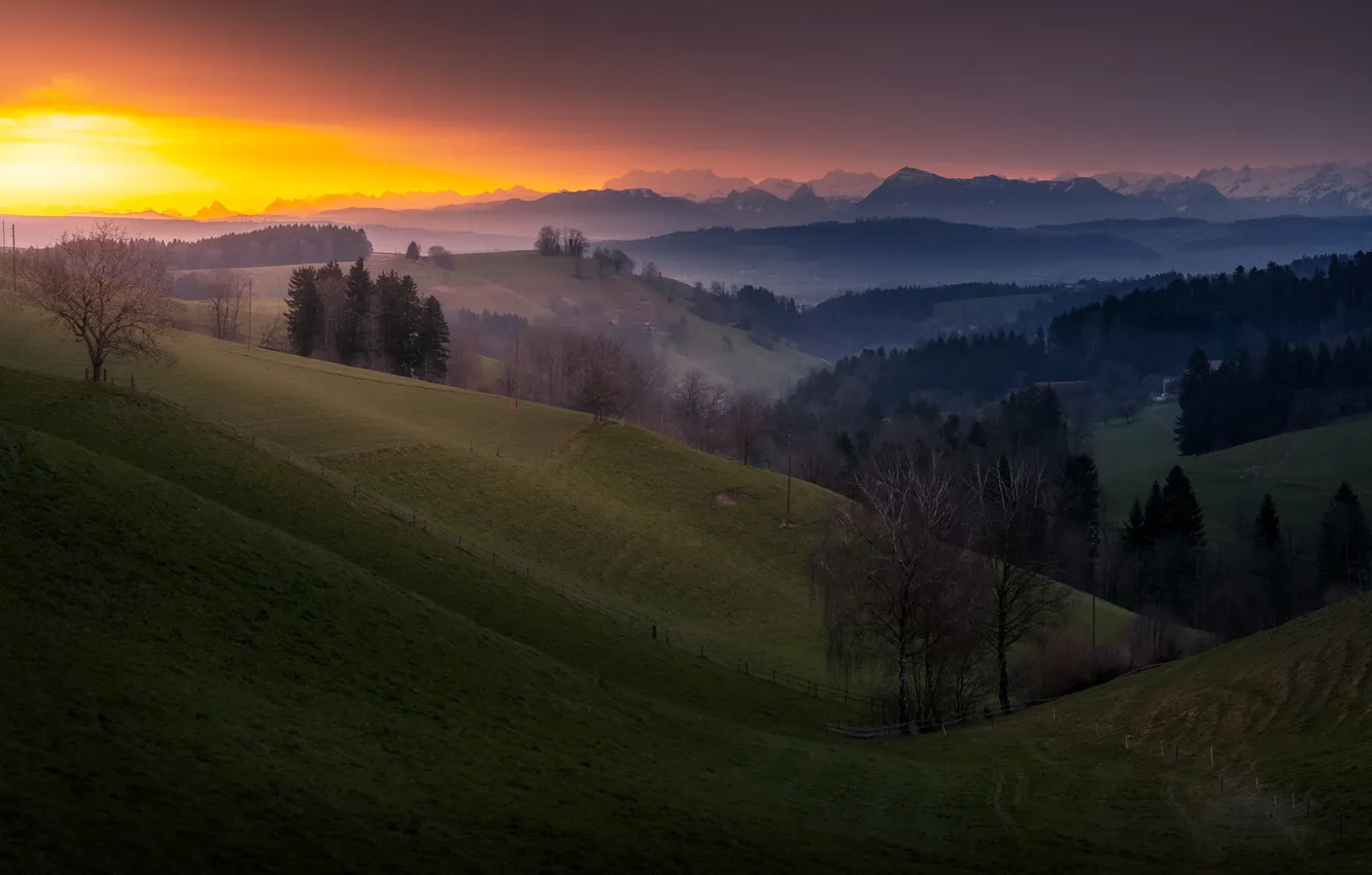Photo wallpaper sunset, fog, Switzerland, Lucerne, Altbüron